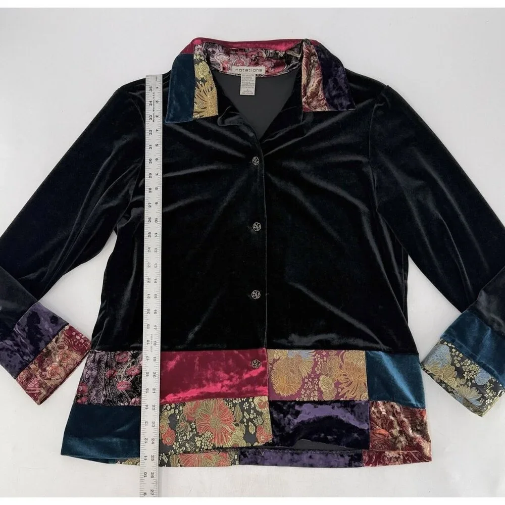 Notations‎ Black Velvet Patchwork Jacquard Bohemian Button Jacket L Art To Wear